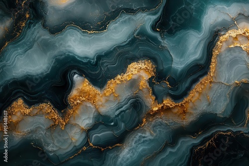 swirling abstract marble texture in deep emerald and teal iridescent veins of gold threading through liquidlike patterns photo