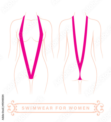 Vector female torso line body with pink very hot swimsuit. Isolated on white background.