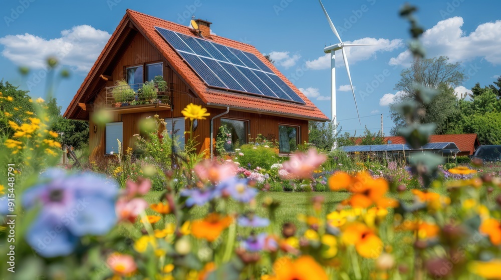 Solar panels and wind power with beautiful flowers in front of a house Solar panels and wind power with beautiful flowers in front of a house