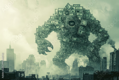 Giant Money Monster Towering Over a Modern City, Highlighting the Power of Wealth photo