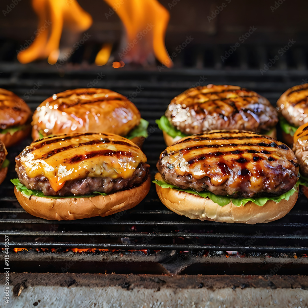 Tasty burger from hell with fire background. Created with Generative AI. Tasty burger from hell with fire background. Created with Generative AI.
