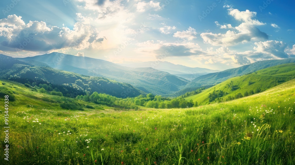  wonderful springtime landscape in mountains. grassy field and rolling hills. 