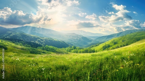 wonderful springtime landscape in mountains. grassy field and rolling hills. 