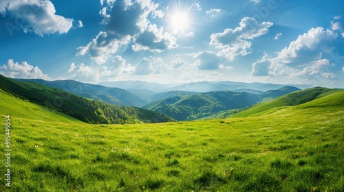  wonderful springtime landscape in mountains. grassy field and rolling hills. 