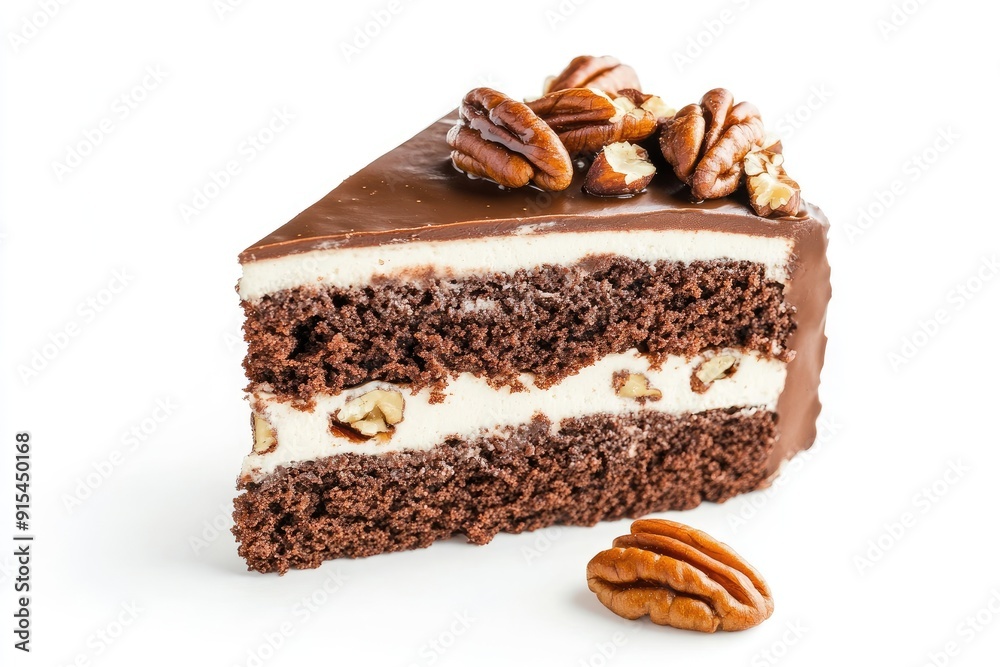 Chocolate Cake Slice Topped with Pecans Chocolate Cake Slice Topped with Pecans