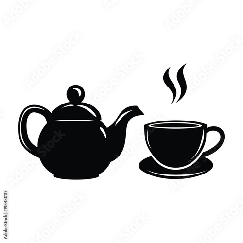 Minimalist teapot with Tea cup icon vector silhouette on white background,tea High Quality Vector Logo Vector illustration ideal for T shirt graphic