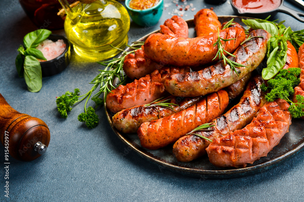 A large plate of pork, beef and chicken sausages. Top view, close up. On a gray stone background. A large plate of pork, beef and chicken sausages. Top view, close up. On a gray stone background.