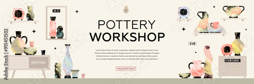 Pottery workshop advertising vector web banner design template. Hand made ceramics, clay crockery flat illustration. Pottery lesson, ceramic studio, hobby master class invitation layout