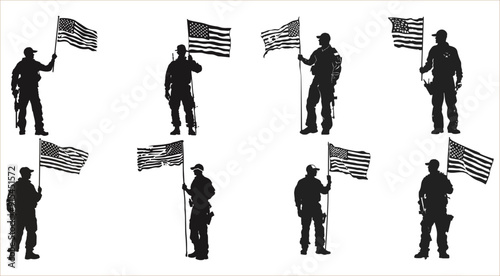 Silhouettes of USA army holding American flag , Soldiers holding  United states of America flag silhouettes, Military parade soldiers with United states of America flag