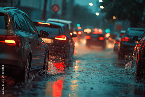 Rainy Day Traffic: Cars and Splashes Amidst the Downpour