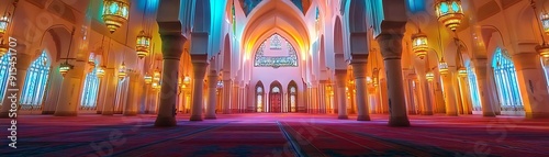 Interior View of a Mosque with Columns, Lanterns, and Stained Glass Windows - Photo