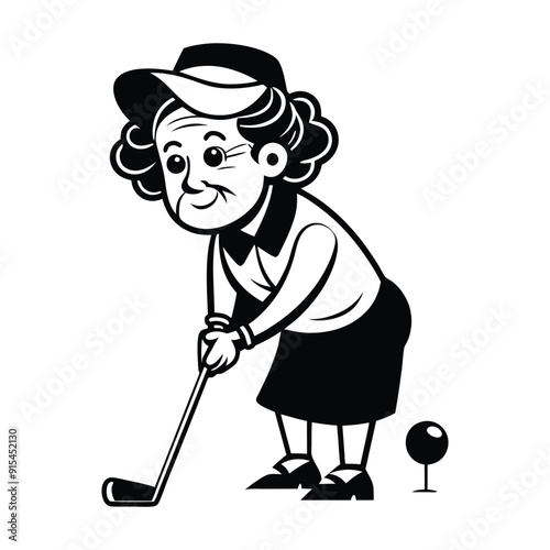 Cute Grandma Character Design, Golf player cartoon vector illustration Flat design, Golf female golfer with a club isolated coloring vector