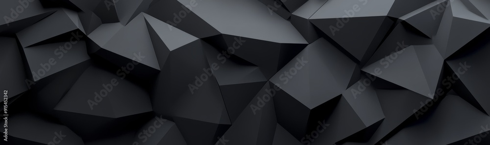 Render of a 3D abstract black crystal background with faceted texture, macro panorama, and wide panoramic polygonal wallpaper. Render of a 3D abstract black crystal background with faceted texture, macro panorama, and wide panoramic polygonal wallpaper.