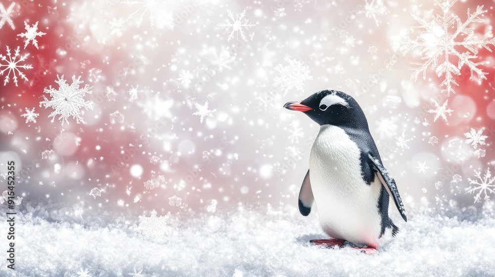Obraz premium Charming Christmas scene with a playful penguin and snowflakes, with a blank space in the middle for personalized messages.