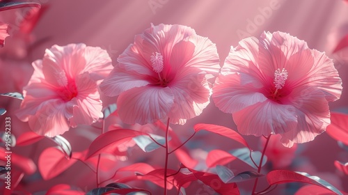 Beautiful pink hibiscus flowers bloom in vibrant garden under soft sunlight