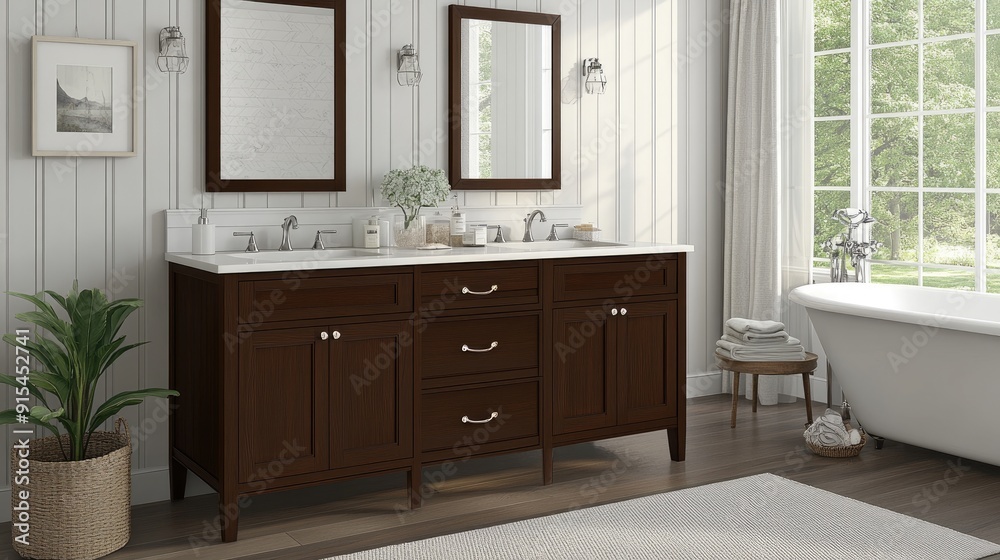 Fototapeta premium Bright bathroom features a double vanity wooden cabinet with open storage, a sleek bathtub, and simple decor, creating a calm and inviting atmosphere
