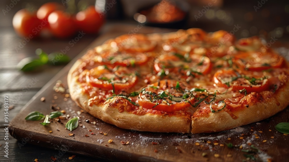 A freshly made pizza, topped with tomato slices and basil leaves on a wooden table. A freshly made pizza, topped with tomato slices and basil leaves on a wooden table.