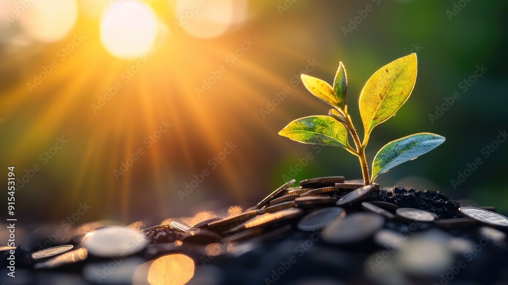 A small plant growing from a pile of coins with sunlight flare effects, representing financial growth and sustainability