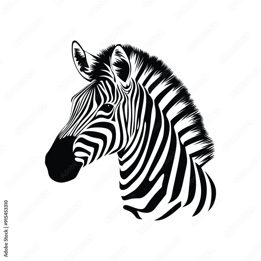 Zebra head logo vector illustration. Front view silhouette African zebra portrait striped black and white skin typography design element, Zebra silhouette isolated on white background Zebra head logo vector illustration. Front view silhouette African zebra portrait striped black and white skin typography design element, Zebra silhouette isolated on white background