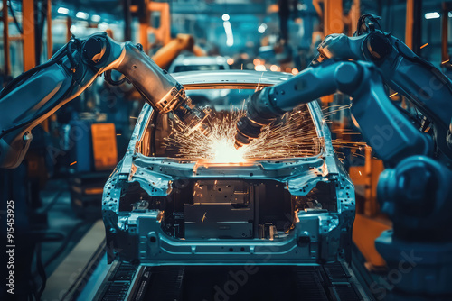 Robotic Arms Welding Car Bodies in a High-Tech Automotive Assembly Line  photo