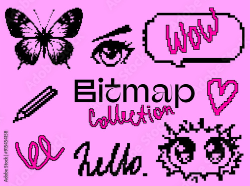 Set of elements for design with different random objects in pixel art style. Geometric figures, speech bubbles, images of eyes, ect.