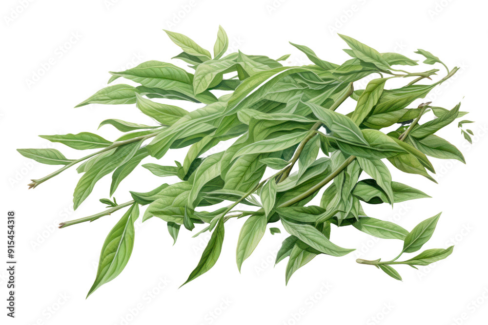 Fototapeta premium Various green tea leaves, isolated on white background.