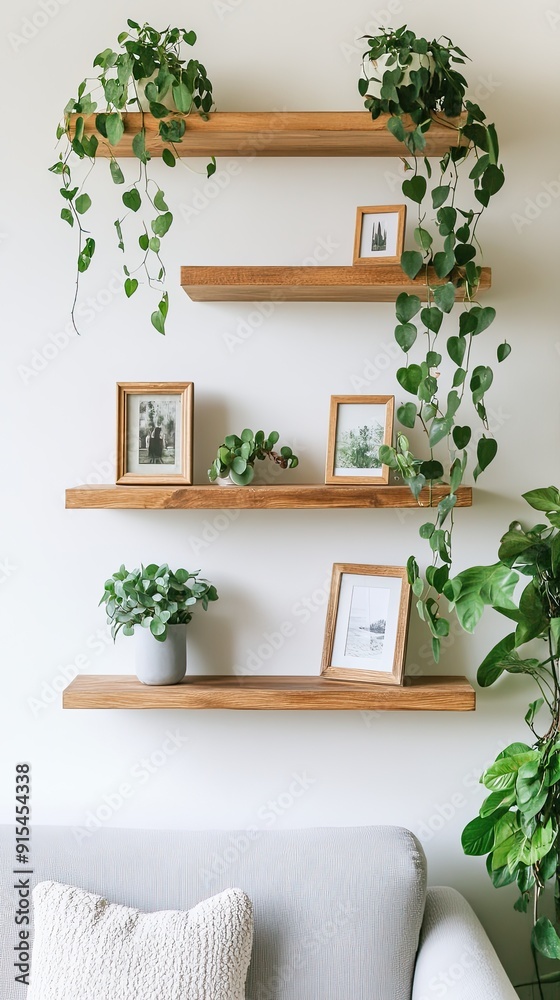 A grey sofa complements square shelves adorned with plants and framed photos, creating a fresh and cozy atmosphere in a modern living space A grey sofa complements square shelves adorned with plants and framed photos, creating a fresh and cozy atmosphere in a modern living space