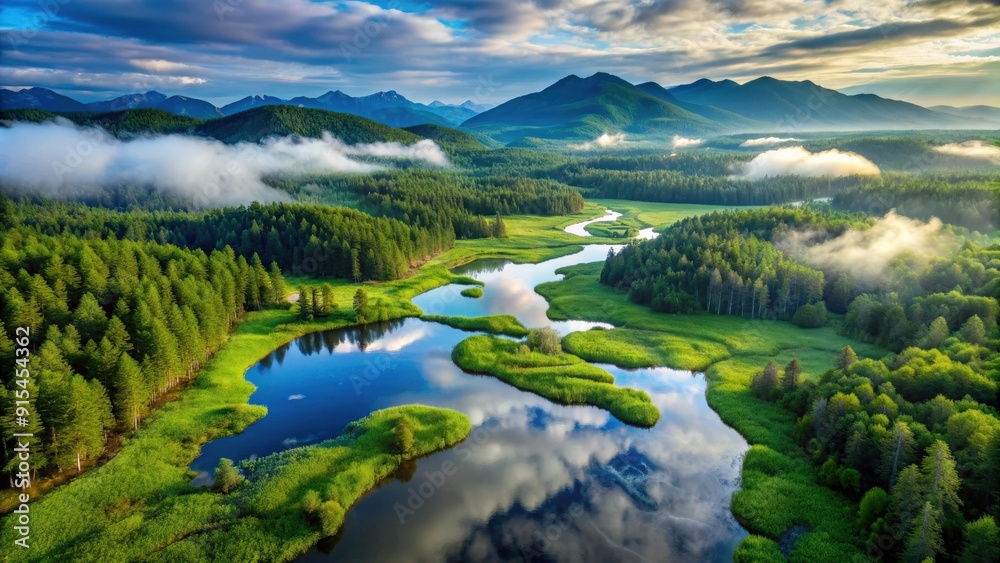 Fototapeta premium Breathtaking aerial view of a lush, green wetland surrounded by forests and mist-covered mountains, wetland, aerial view, lush