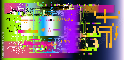 Retrofuturistic abstract background with pixelated glitches and ambient colorful disturbances.