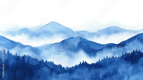 Watercolor painting of an abstract blue background with blue abstract waves and haze over a white fog or haze.