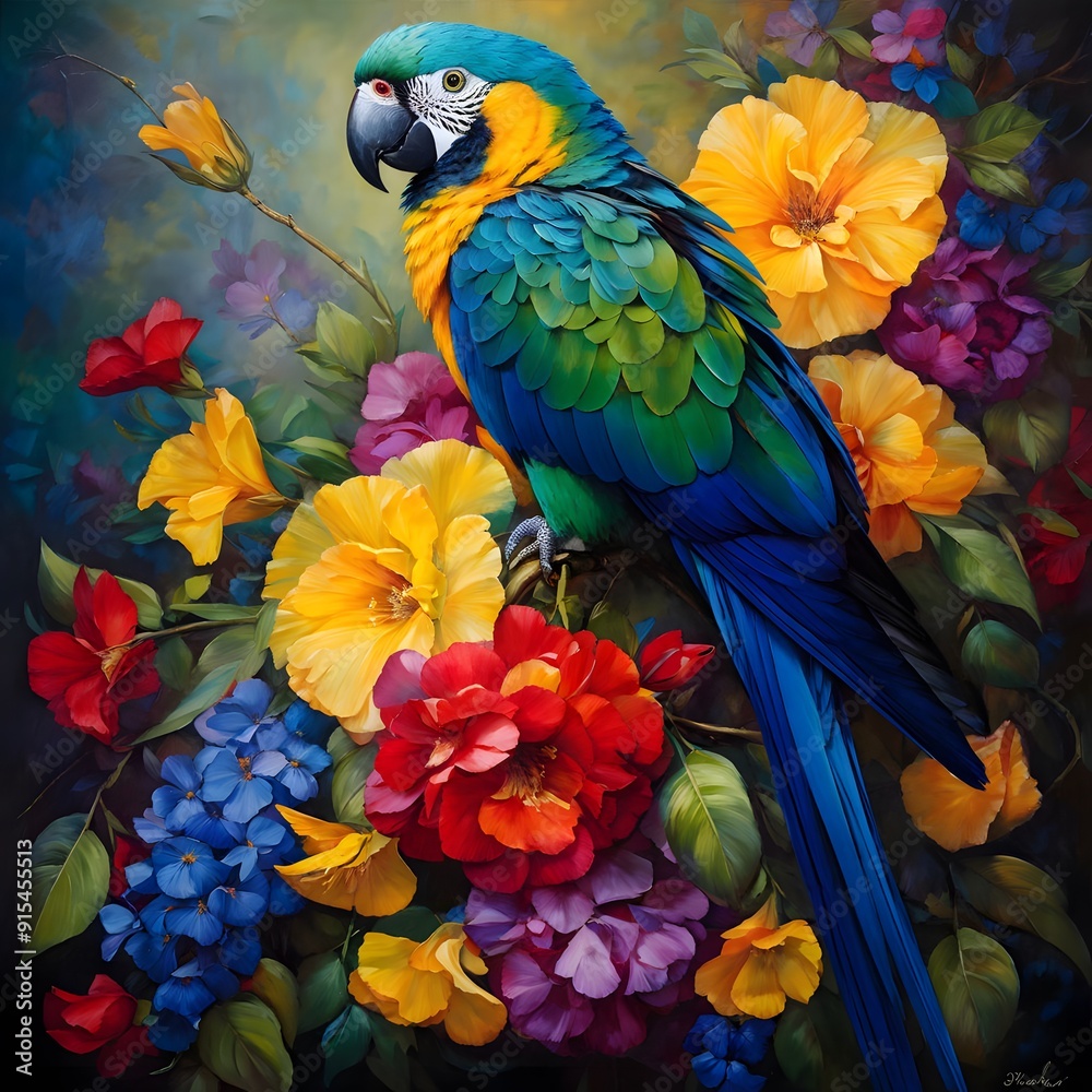 Obraz premium blue and yellow macaw isolated on flower background,side view of macaw