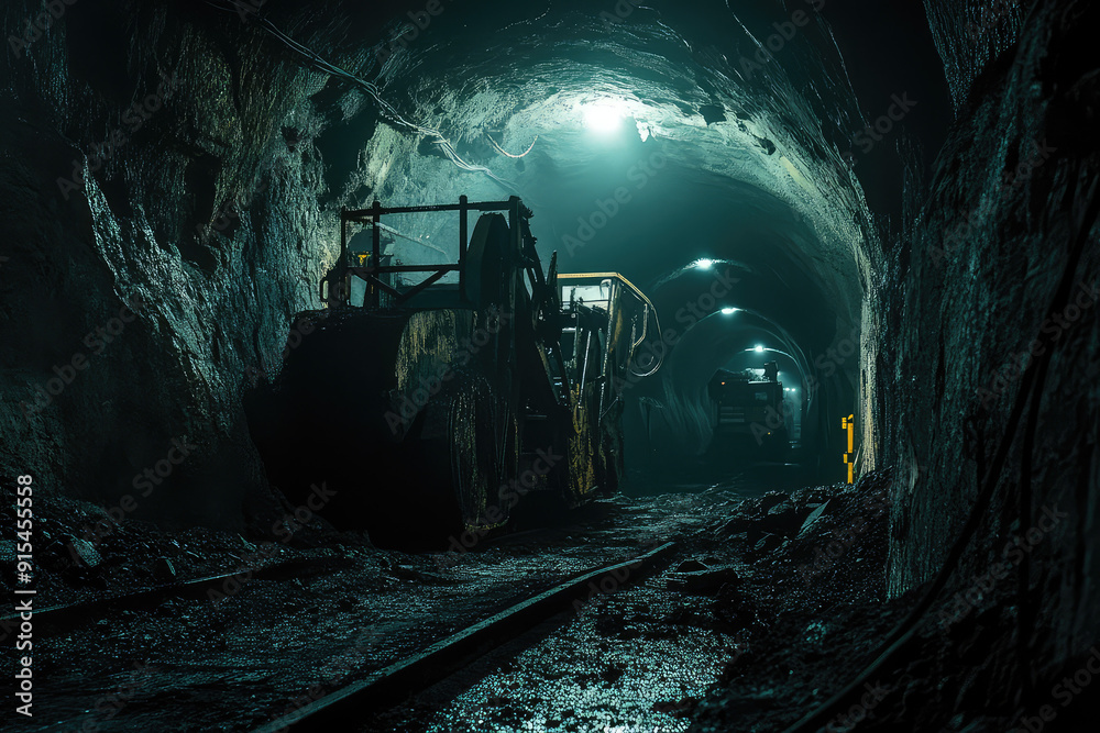 Naklejka premium Coal Miners Operating Heavy Machinery Deep Underground in a Dimly Lit Tunnel