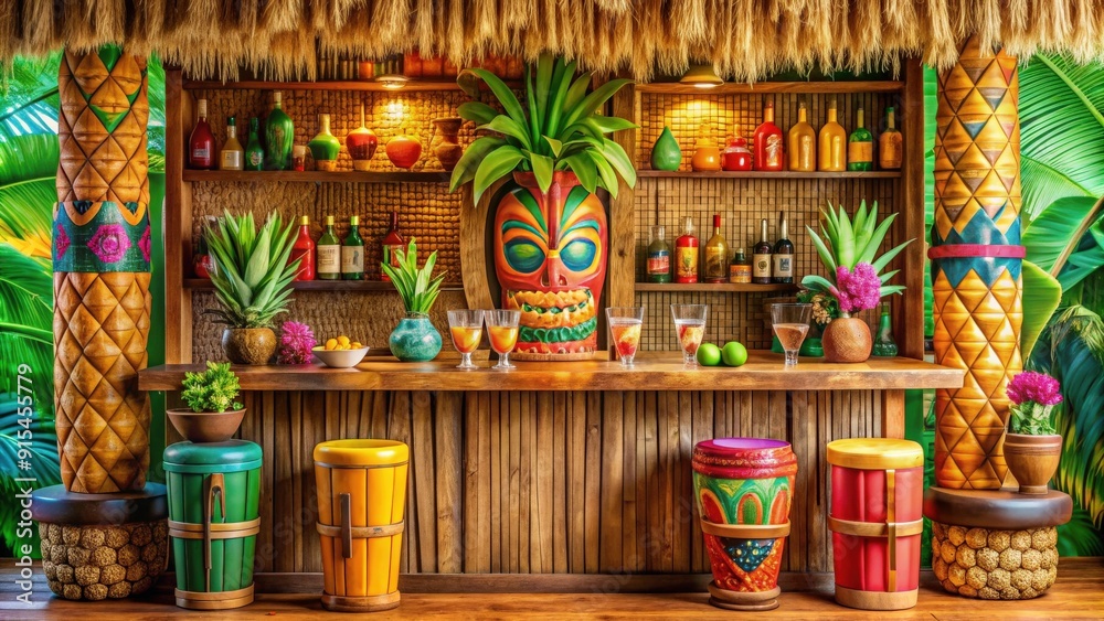Naklejka premium Vibrant tiki bar with colorful decor and tropical drinks, tiki, bar, tropical, cocktails, party, exotic, bamboo