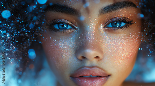 A close-up portrait of a woman with sparkling skin and mesmerizing blue eyes, creating an enchanting and ethereal atmosphere.