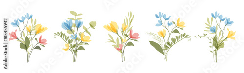 Wallpaper Mural Set of botanical bouquet vector. Flat transparent colorful flowers, wildflowers, wild grass for wedding, invitation, home decor, clipart. Hand drawn floral illustration for Easter, mother's day. Torontodigital.ca