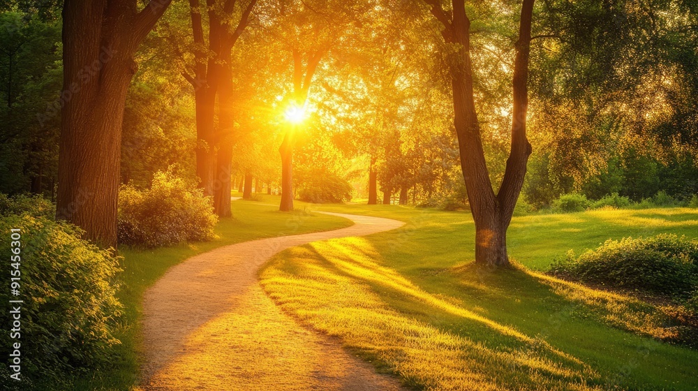 A sunlit path winding through a park, with the golden light of sunset filtering through the trees A sunlit path winding through a park, with the golden light of sunset filtering through the trees