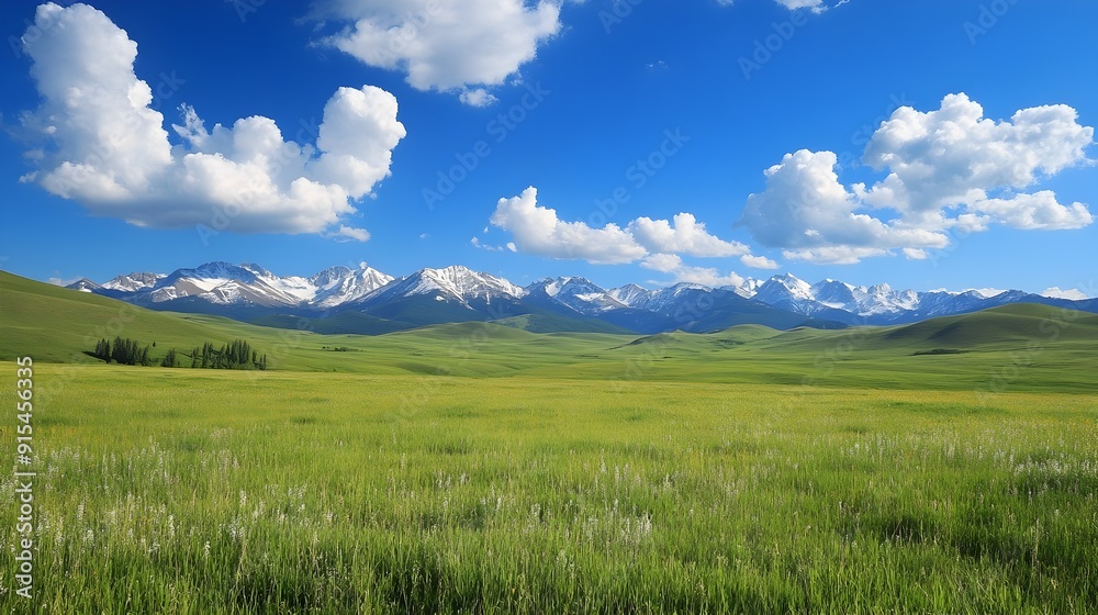Majestic Snow-Capped Mountain Range Overlooking Lush Green Meadow Under Dramatic Cloudy Sky Majestic Snow-Capped Mountain Range Overlooking Lush Green Meadow Under Dramatic Cloudy Sky
