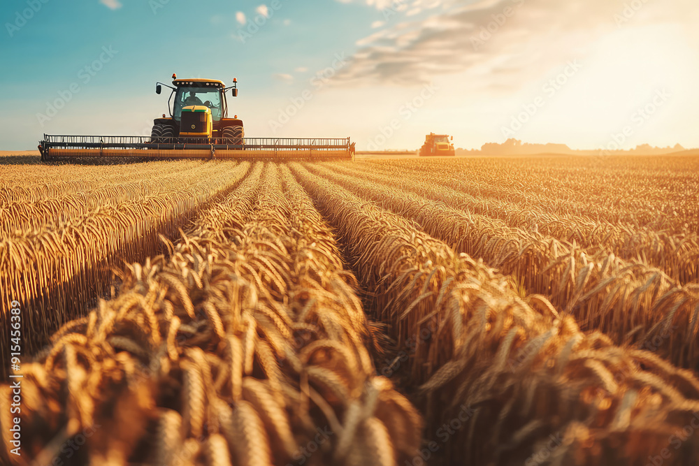 Fototapeta premium Golden Horizon: A Tractor Amidst Endless Fields of Ripened Grain at Sunrise