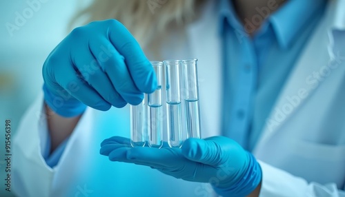  Precision in Science Hand holding three test tubes with blue gloves