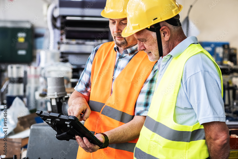 A supervisor stands confidently with a worker on the factory line, using a tablet to check the numbers and quality of production.
A supervisor stands confidently with a worker on the factory line, using a tablet to check the numbers and quality of production.