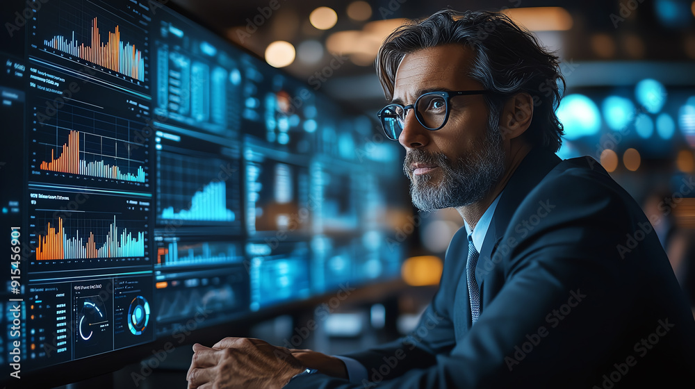 Fototapeta premium A professional man monitors data on screens, immersed in analytics and trends, showcasing a modern business environment.