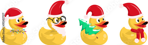 Set of yellow rubber ducks stylized for Christmas and new year. Duck with Santa Claus hat, duck with beard, duck carrying Christmas tree, duck with garland. Simple flat vector.
