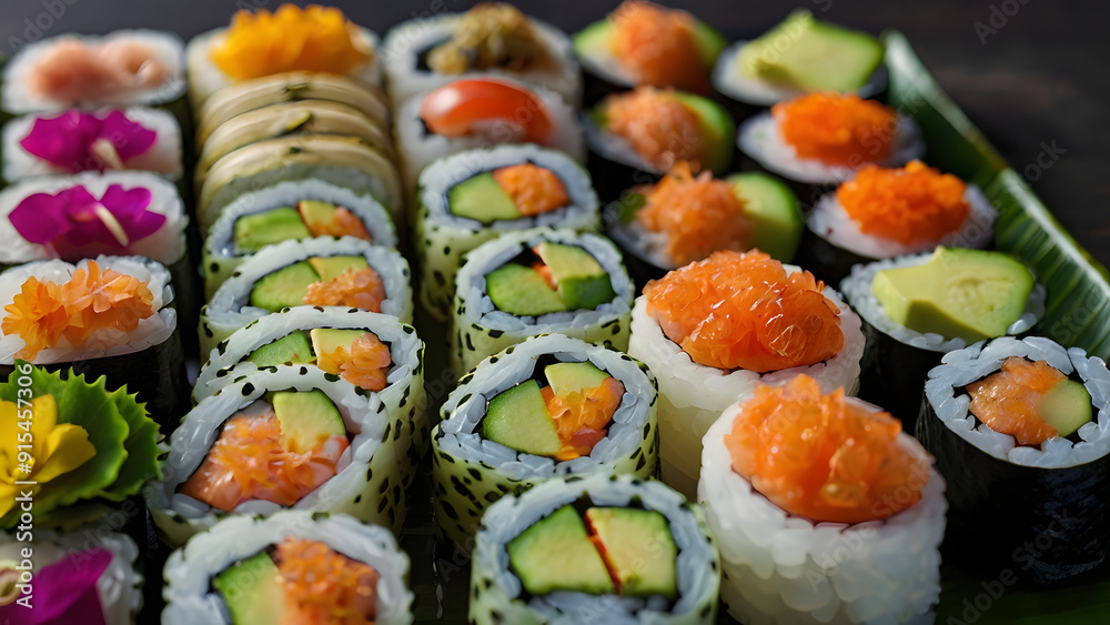 A plate of sushi with a variety of rolls and a flower on the side. The sushi rolls are arranged in a way that makes them look appetizing and colorful. The flower adds a touch of elegance A plate of sushi with a variety of rolls and a flower on the side. The sushi rolls are arranged in a way that makes them look appetizing and colorful. The flower adds a touch of elegance