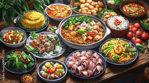 Thai Street Food Feast: Colorful Illustration of Noodles, Meat, and Vegetables on Table