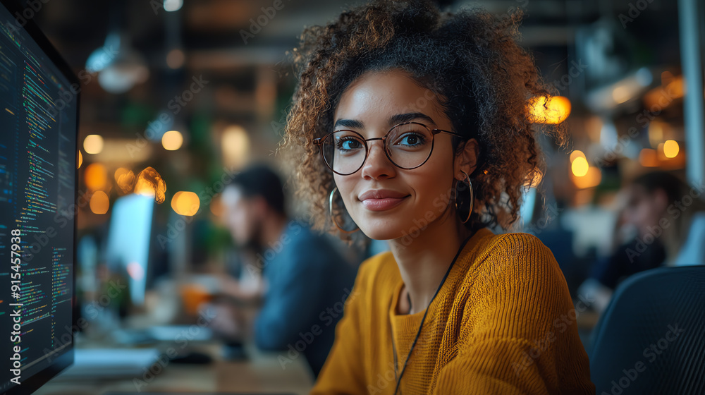 A young woman with curly hair and glasses smiles confidently in a modern workspace filled with computers and warm lighting. A young woman with curly hair and glasses smiles confidently in a modern workspace filled with computers and warm lighting.