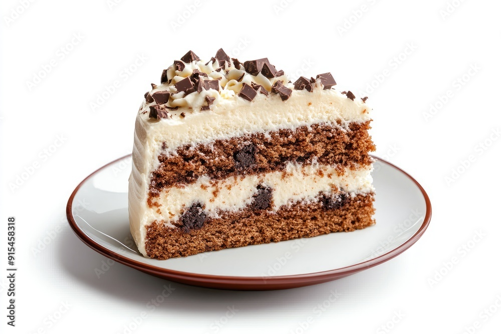 Chocolate Cake Slice with White Frosting and Chocolate Pieces Chocolate Cake Slice with White Frosting and Chocolate Pieces