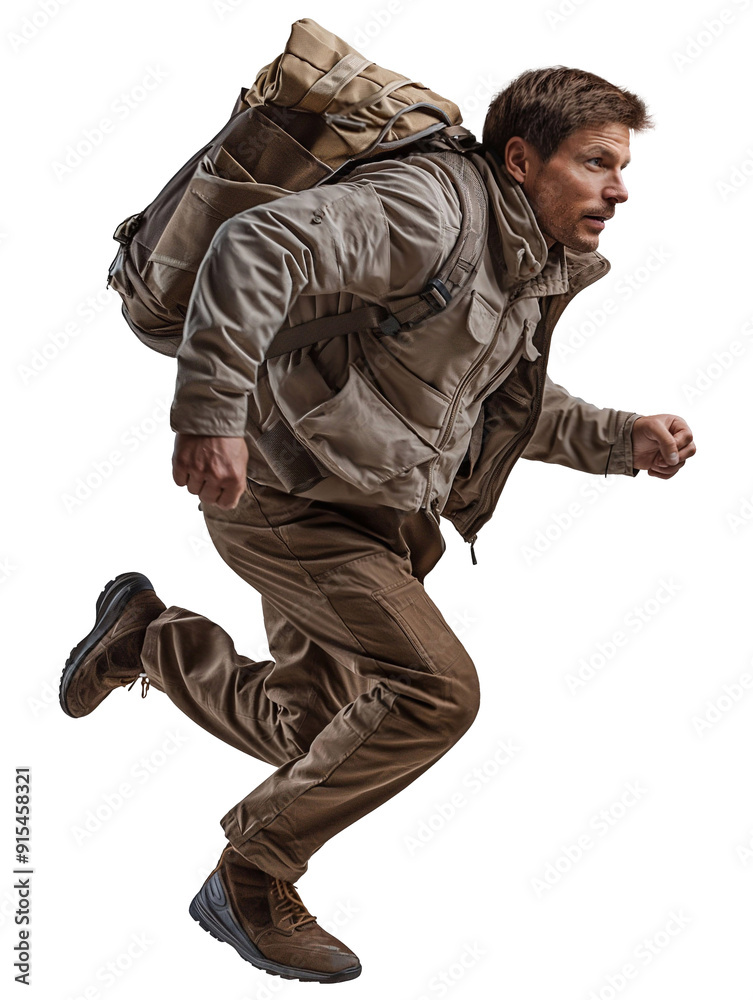 Man in hiking gear with backpack running side view transparent background PNG file. Man in hiking gear with backpack running side view transparent background PNG file.