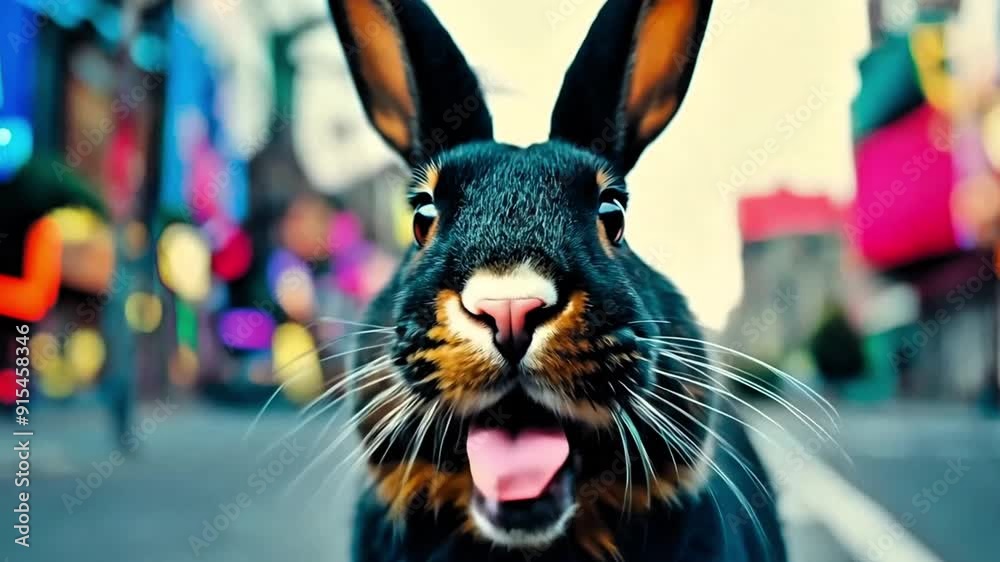 a black rabbit moving its mouth in the middle of urban street footage