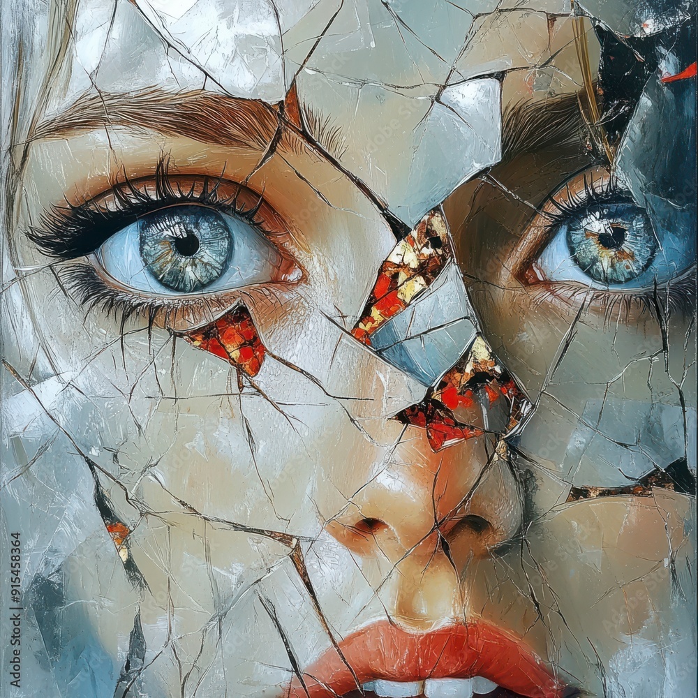 A woman's face is fractured, revealing shattered pieces of her inner ...