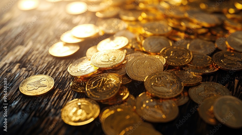 Golden coins scattered across a dark wooden surface, reflecting the rich history and value of gold currency. Great for financial or historical themes. Golden coins scattered across a dark wooden surface, reflecting the rich history and value of gold currency. Great for financial or historical themes.